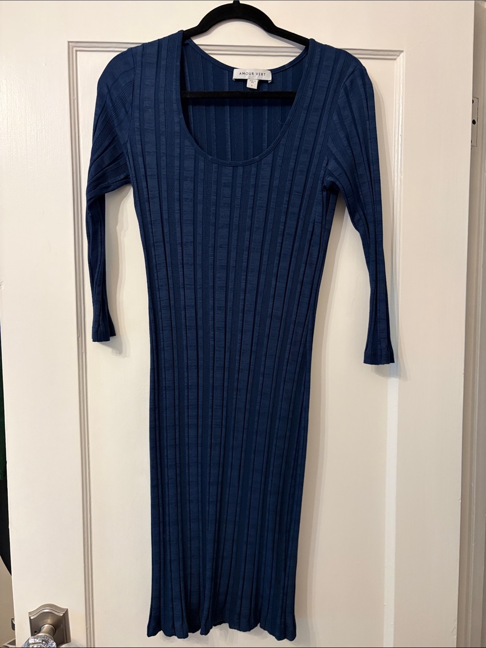 Amour Vert Deep Blue Ribbed Scoop-Neck Midi Dress